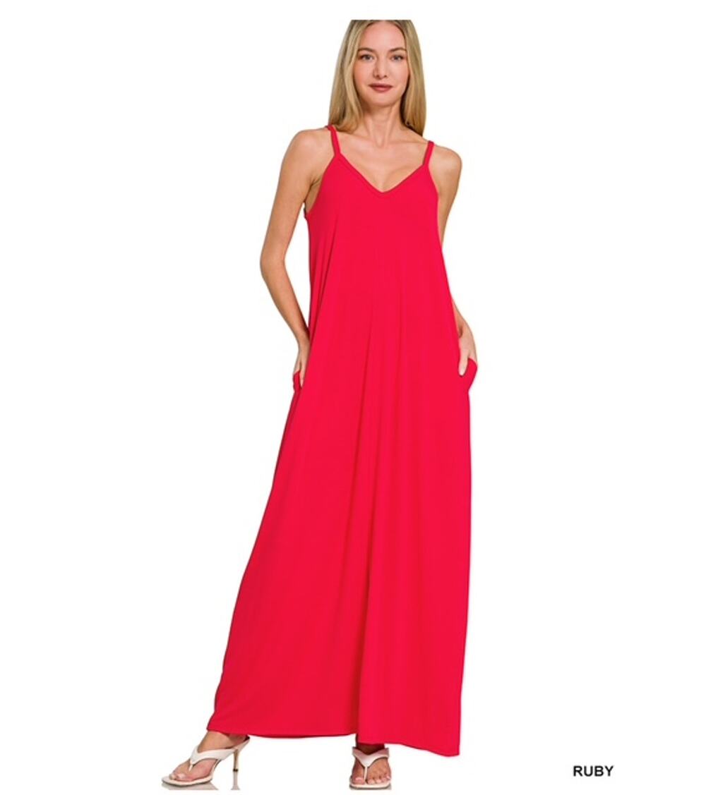 Zenana - V Neck Cami Maxi Dress with Side Pockets - Medium